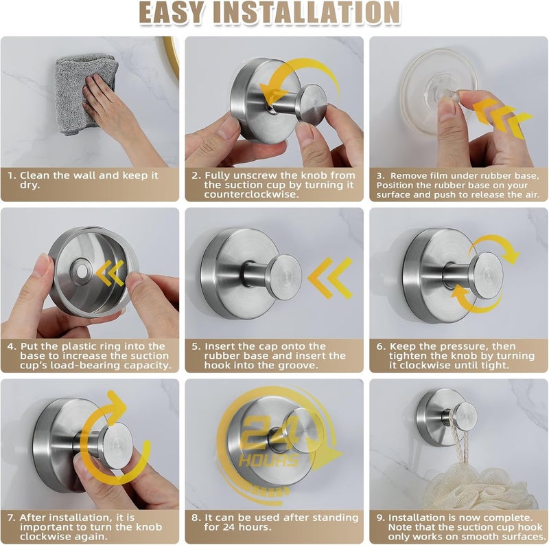 Fenas Suction Cup Hooks for Shower No-Drill Bathroom Hooks for Towels, Robes, Loofah Mountable on Bathroom Walls, Kitchen, Glass, Mirrors, Tile and Smooth,Non-Porous Surfaces (2, Brushed Nickel) - Image 5